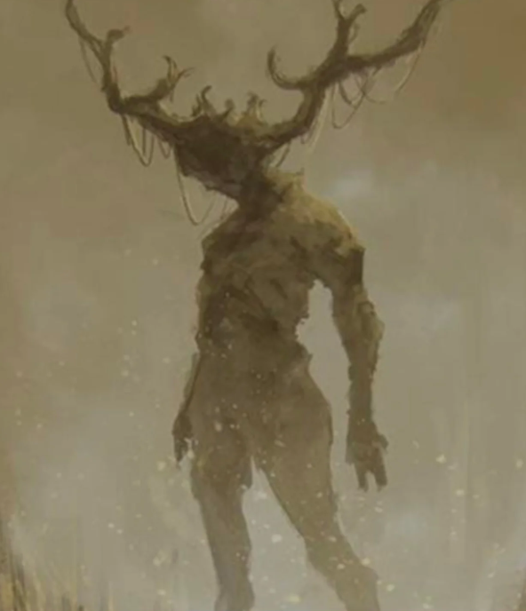 Herne the Hunter — an antlered figure emerging from the mist of the ancient Wyldwood